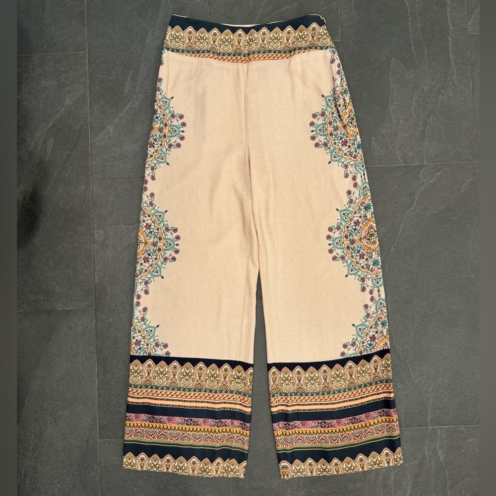 Farm for Anthropologie Cream and Multicolor Wide-Leg Pants